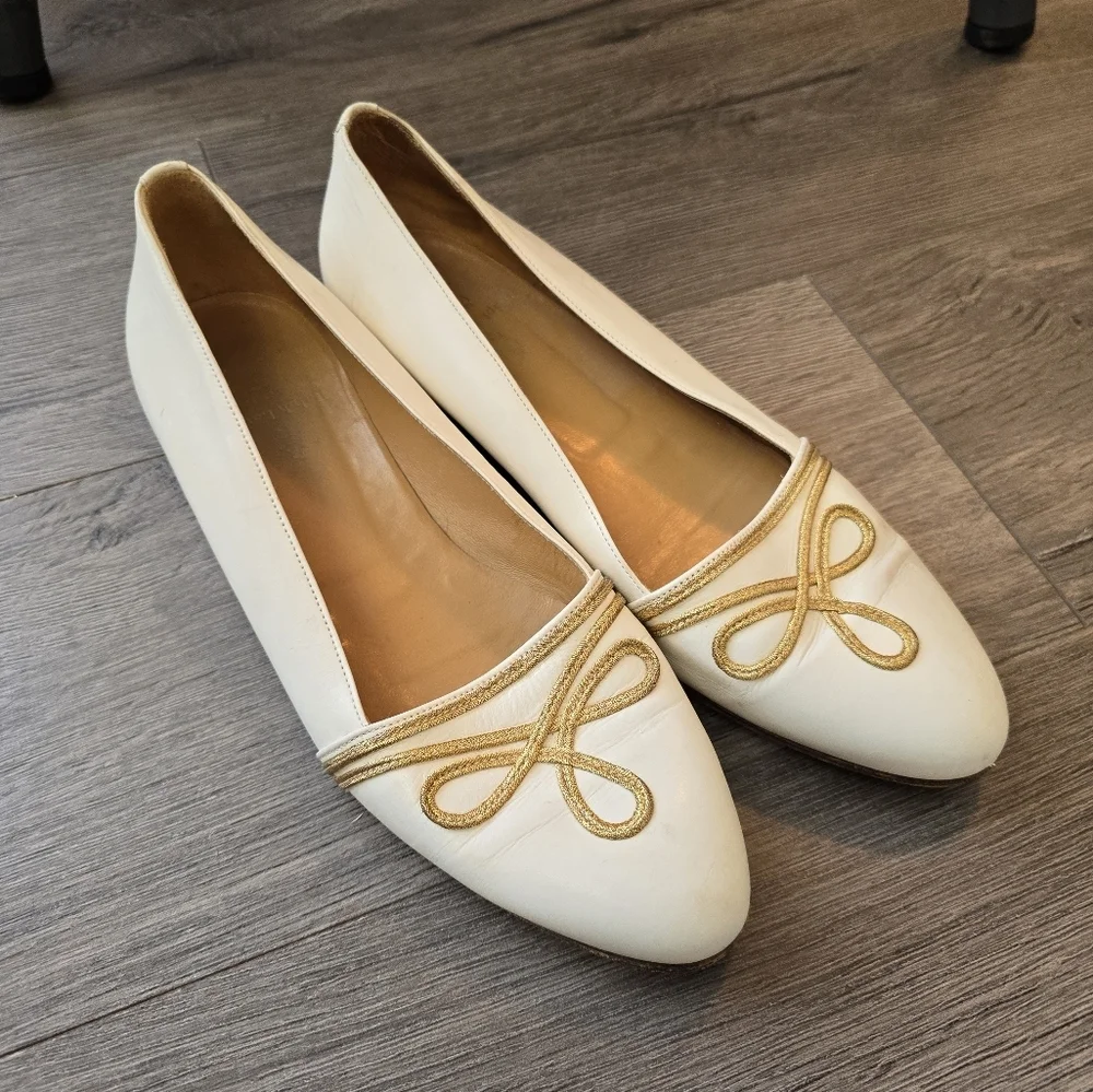 Ralph Lauren Cream Gold Detail Ballet Flats Military Nautical Coastal Preppy